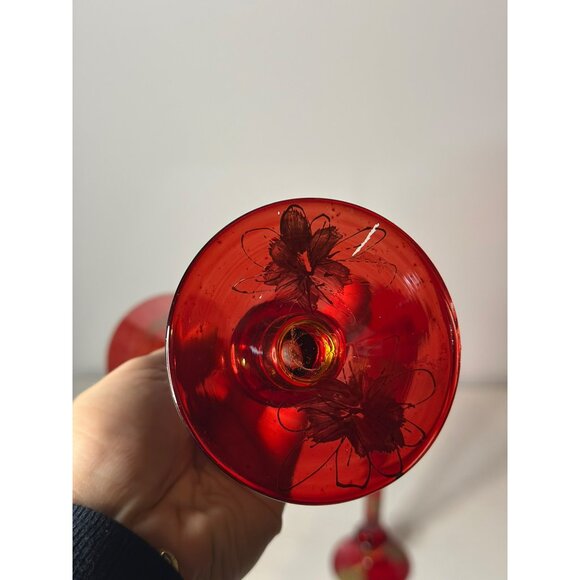 VTG Set Of 2 Cranberry Flashed Gold Floral Painted Bohemian Glass Flute Vases - Picture 6 of 9